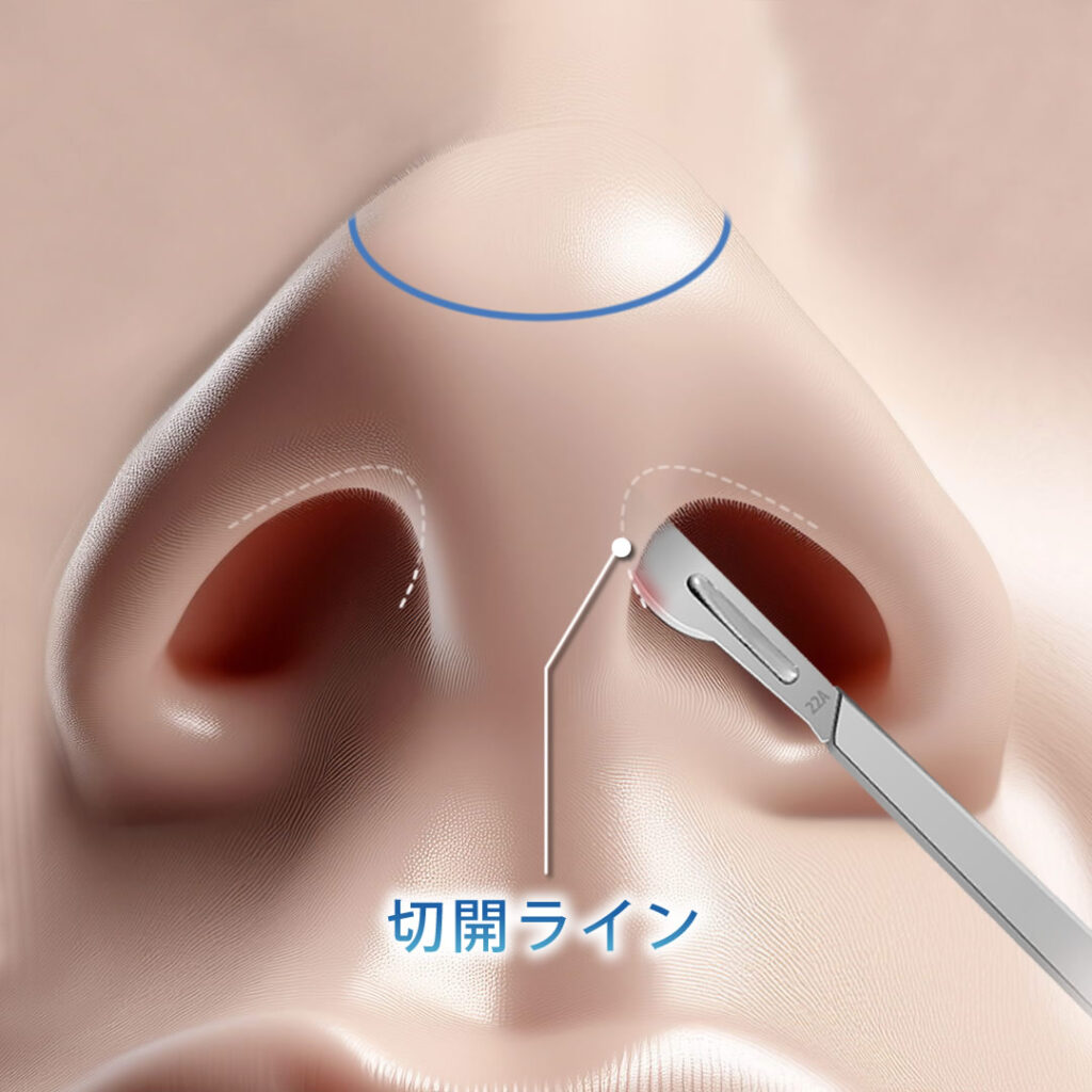 鼻尖部人工真皮のクローズ法の切開ライン