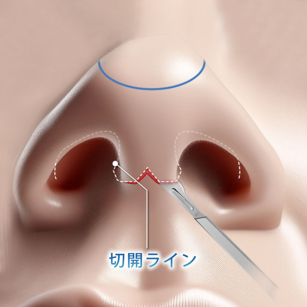 鼻尖部人工真皮のオープン法の切開ライン